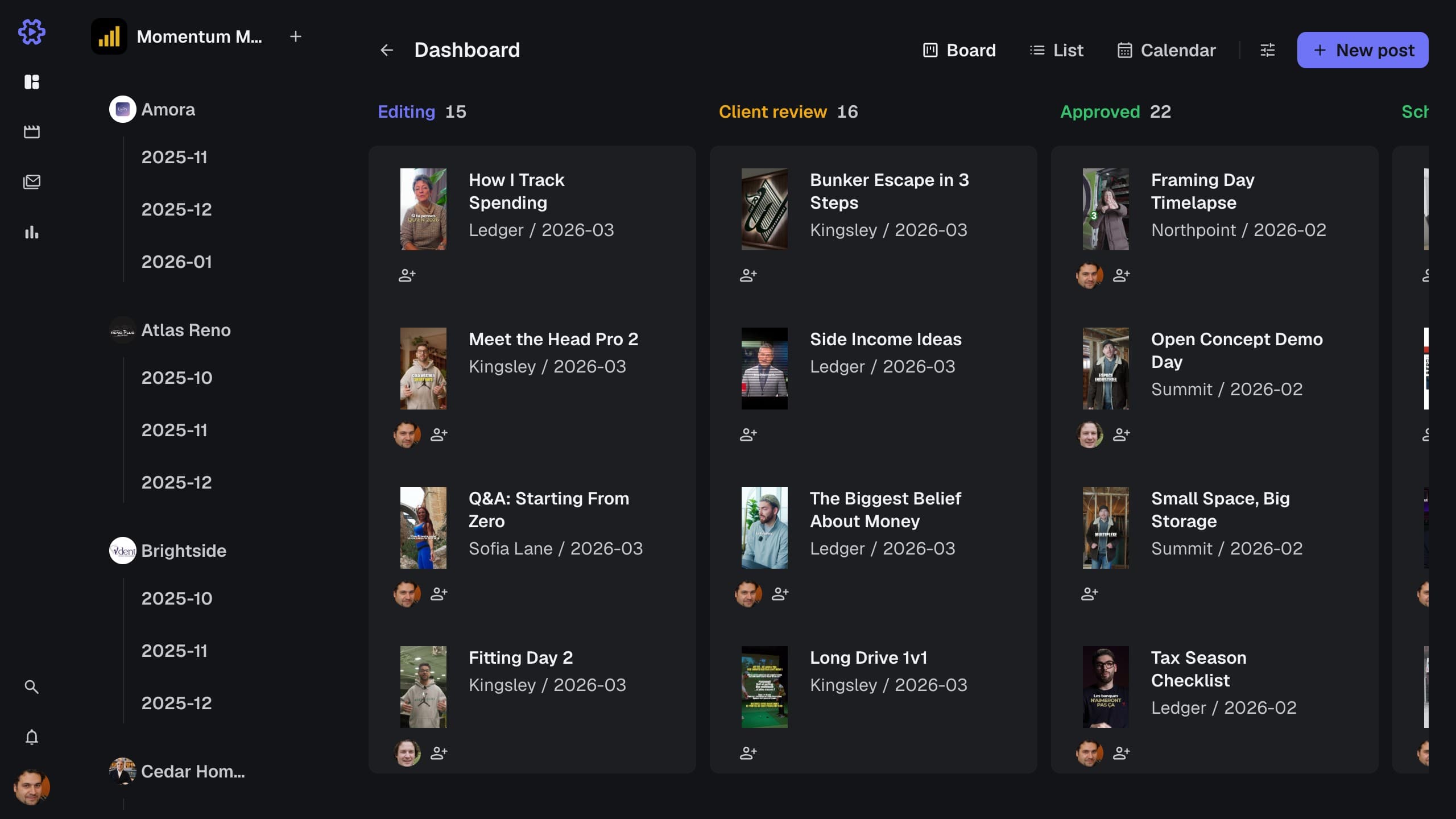 The pipeline board, every client's posts grouped by stage