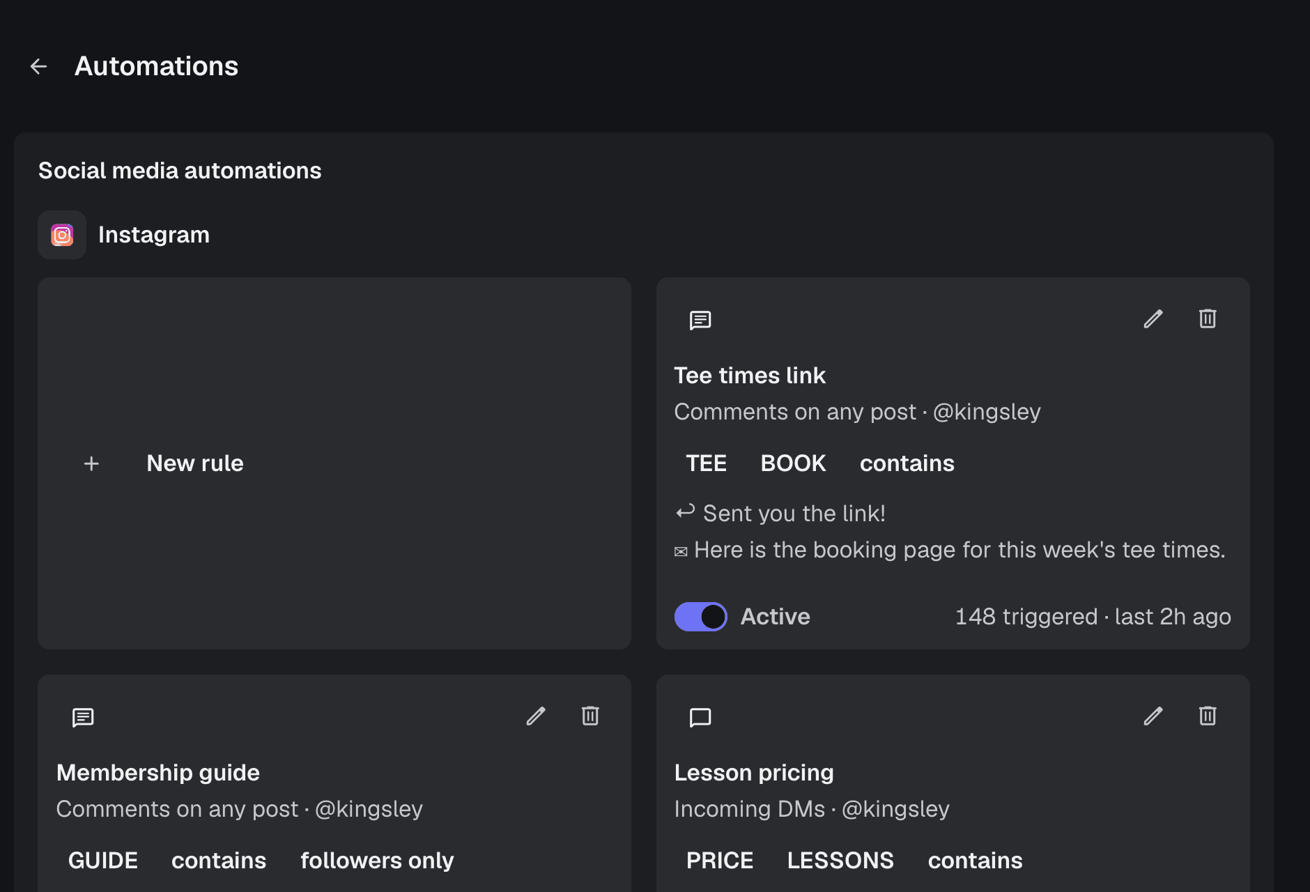 Instagram automation rules with their keywords and replies