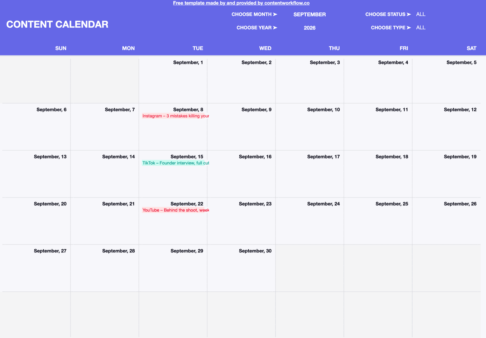 The Calendar tab: a month grid with posts colour-coded by platform and month, status and platform dropdowns