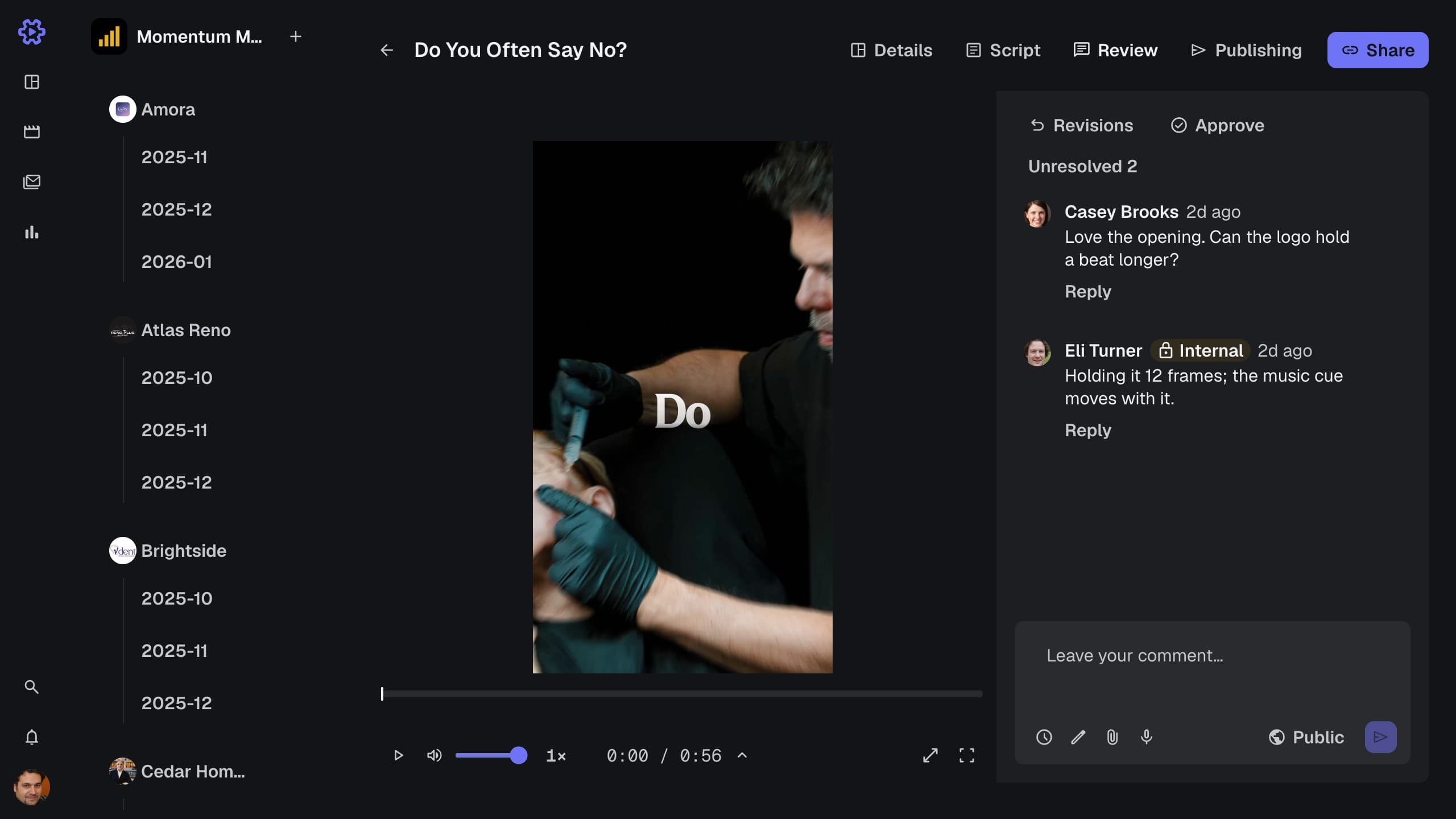The review tab, a cut beside its comment thread with an internal note
