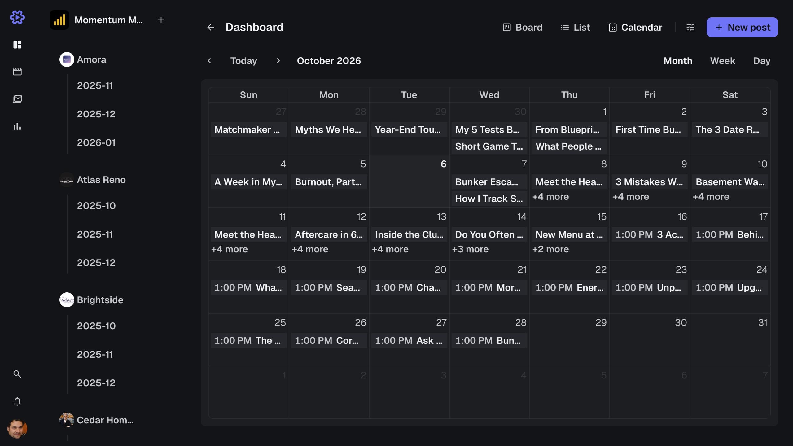The content calendar, a month of scheduled posts across every client