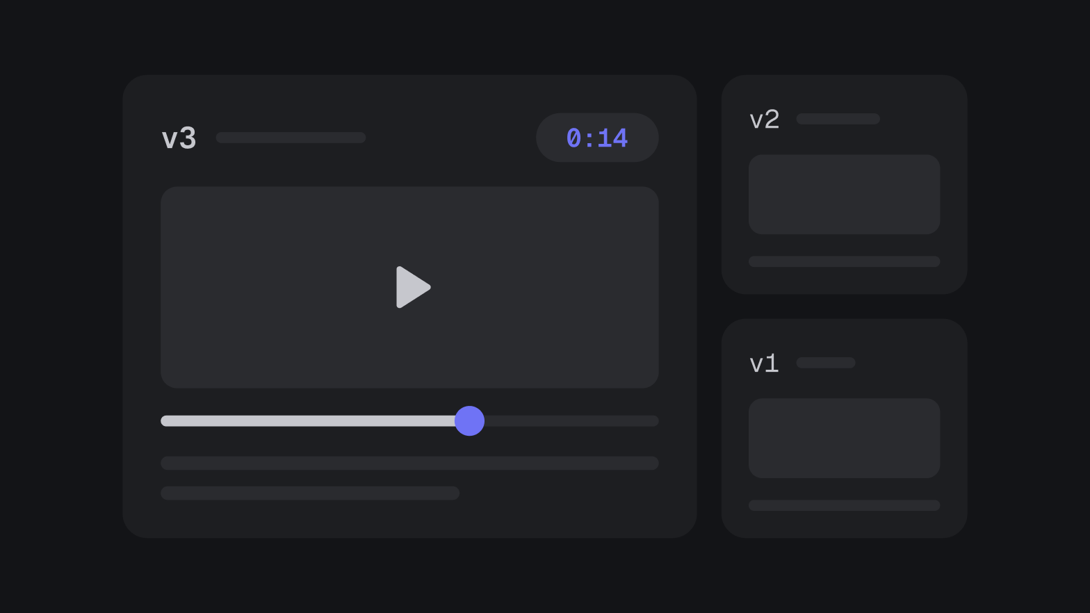 A video review card for cut v3 with a note pinned at 0:14 on its timeline, alongside the older v2 and v1 cuts, showing feedback tied to one specific version.