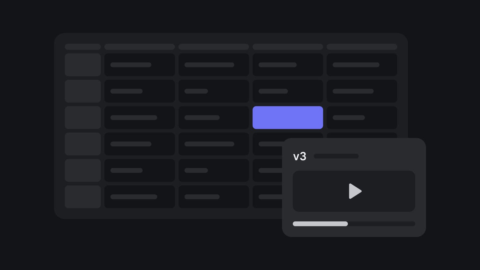 A spreadsheet grid with one highlighted cell and a video file card labelled v3 spilling over its edge, showing that a cell can only point at a video, not hold it.